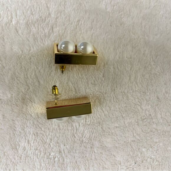 Vintage Earrings Faux Double Pearl Rectangular Post Pierced Retro 80s Gold Tone - Picture 7 of 9